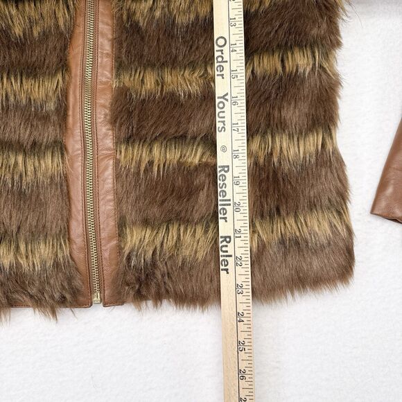 Boston Proper Leather Faux Fur Jacket Women Size 12 Brown Full Zip Festival Boho - Picture 9 of 9
